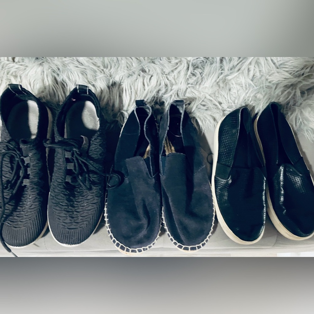 Vince blk leather, Danskin blk sneakers, Navy blue suede slip ons. Sz 9, 3/$30